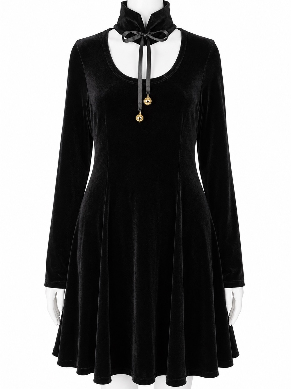 KILLSTAR XXL Black Velvet Velour Tie Collar w/ Bells Keyhole Skater Dress Goth